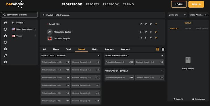An image of NFL odds at BetWhale, visually displaying the answer to the question: what does buying points mean in sports betting?